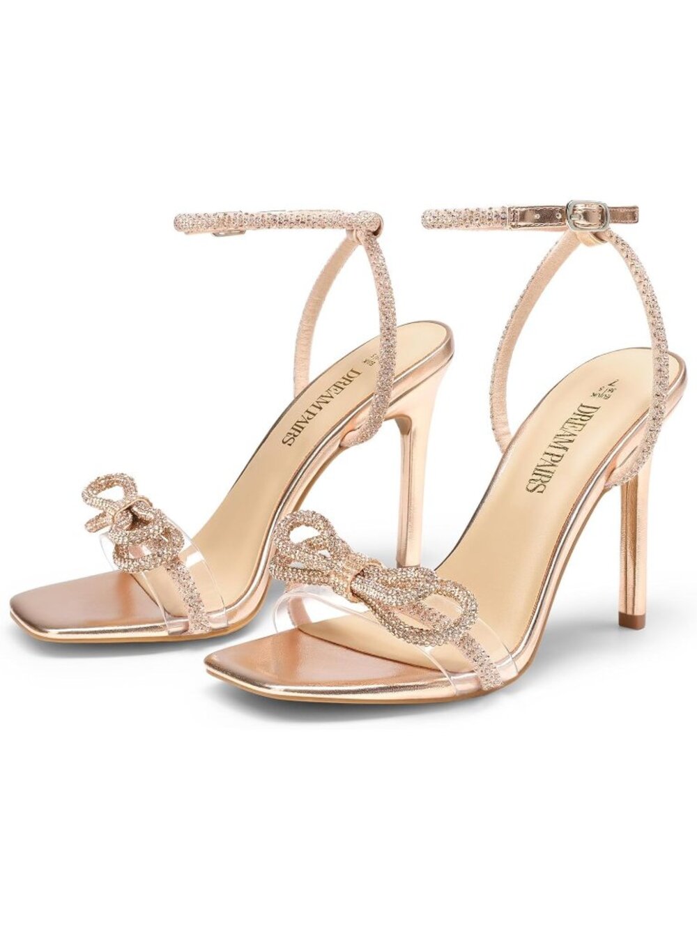Women's Champagne Stiletto Double Bowknots Rhinestone Bow High Heeled Sandals